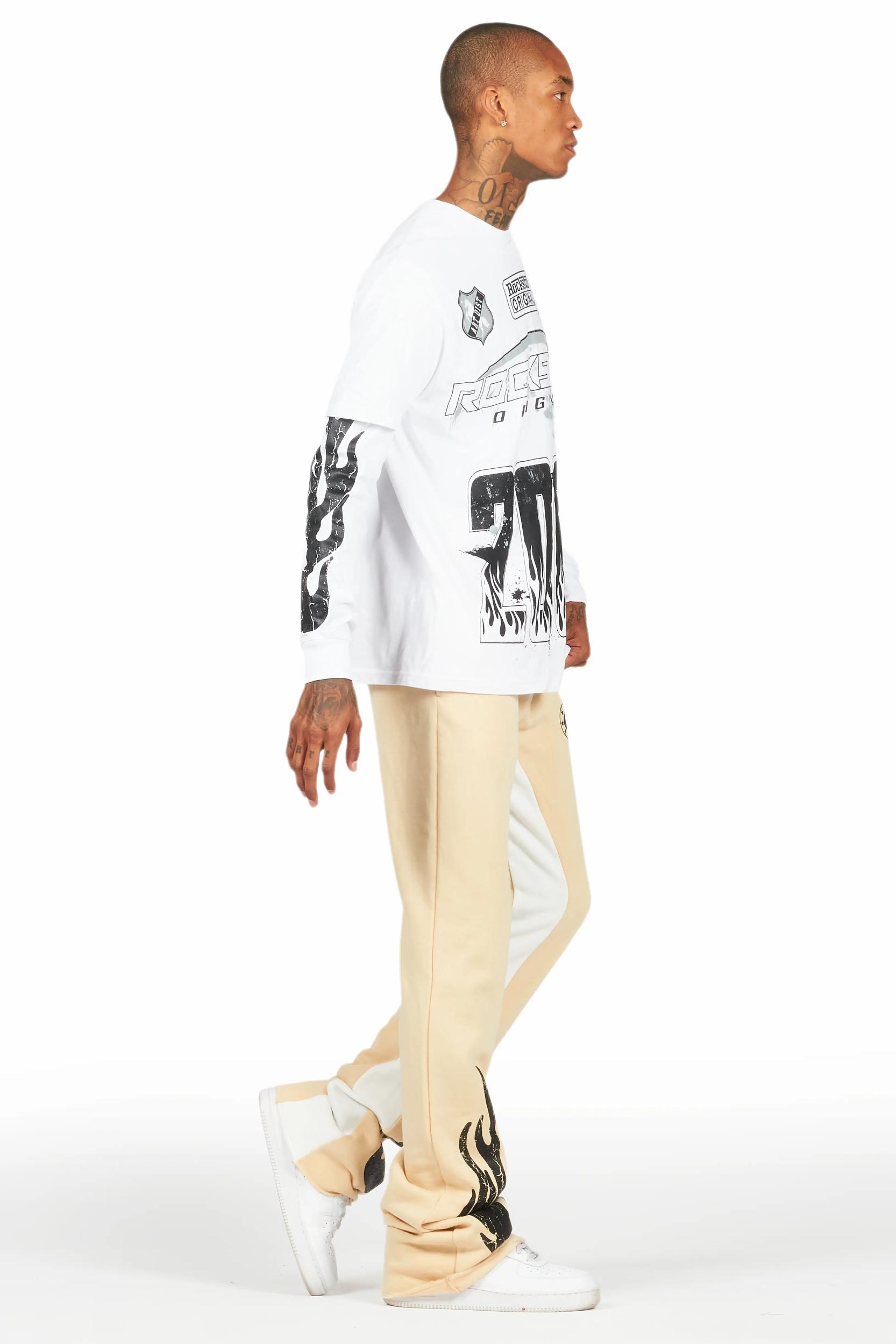 Amos White/Beige Double Layer T-Shirt/Stacked Baggy Pant Set Male Product Image