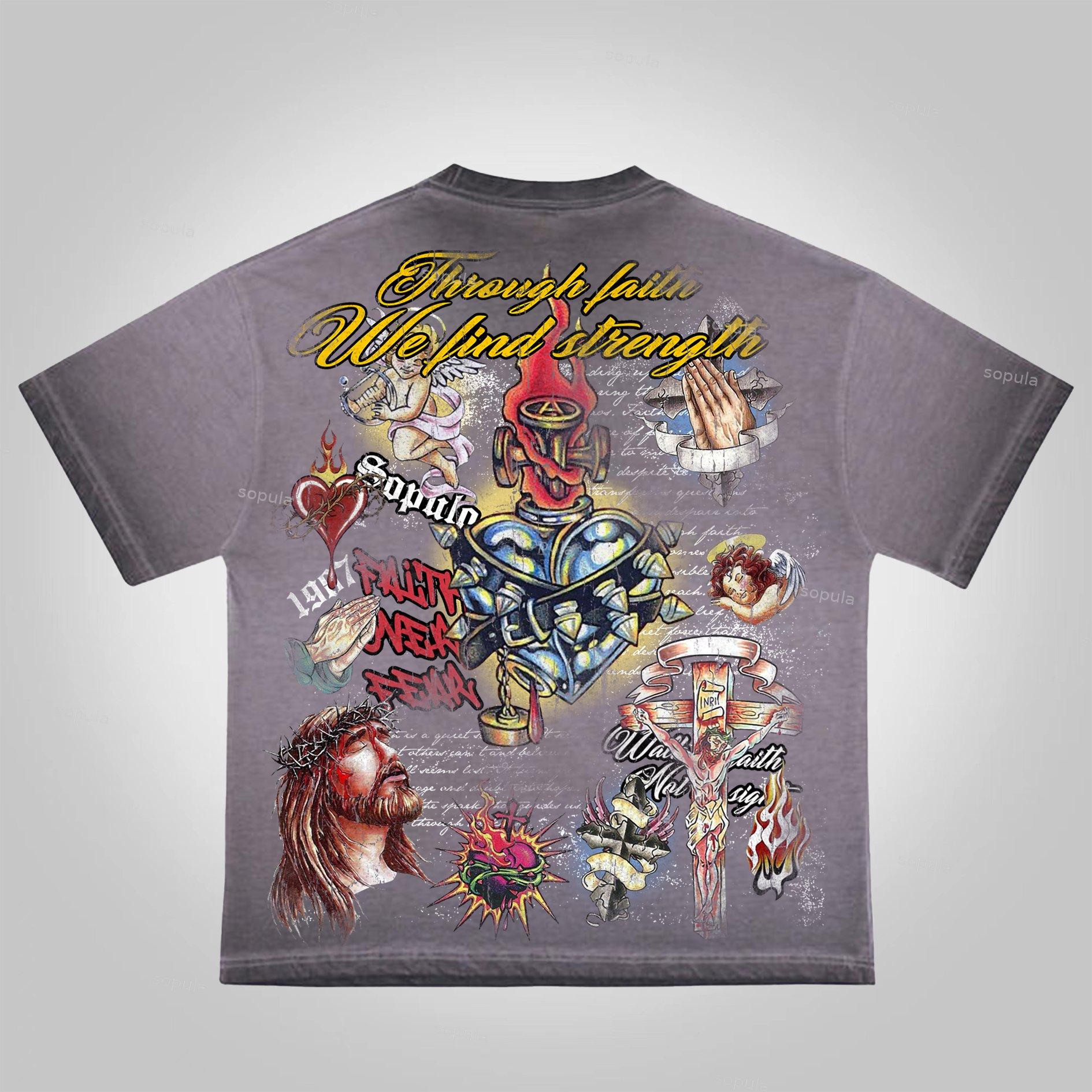 Sopula Faith In Jesus Collage Vintage Graphics Washed Cotton T-Shirt Product Image