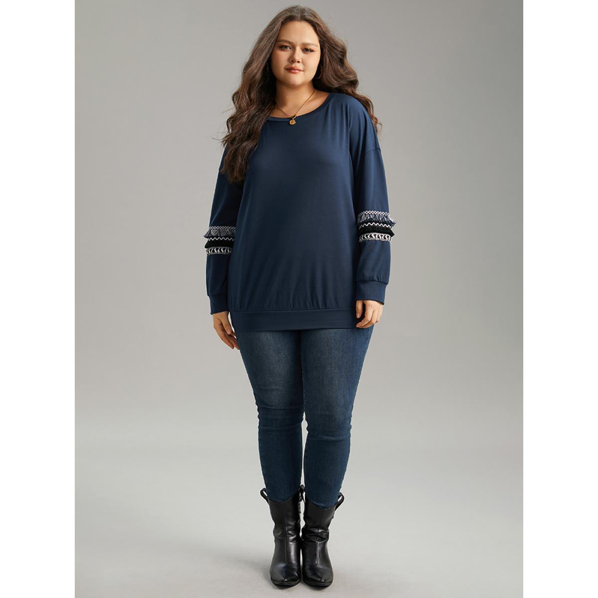 Plus Size Tassels Trim Layered Patchwork Sweatshirt Women DarkBlue Elegant Tassels Round Neck Dailywear Sweatshirts BloomChic 28/5X Product Image