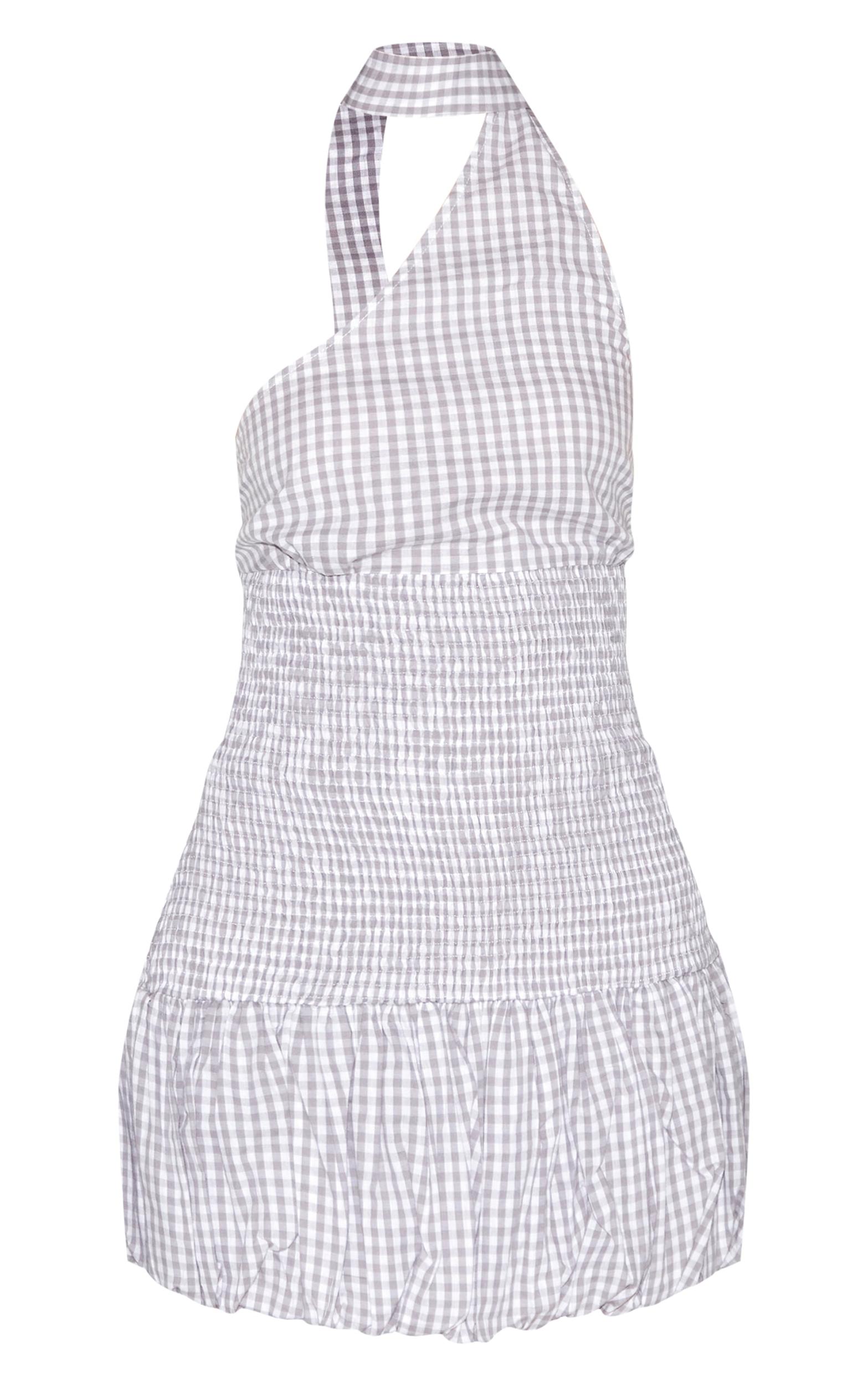 Grey Gingham Shirred Puffball Mini Dress Product Image