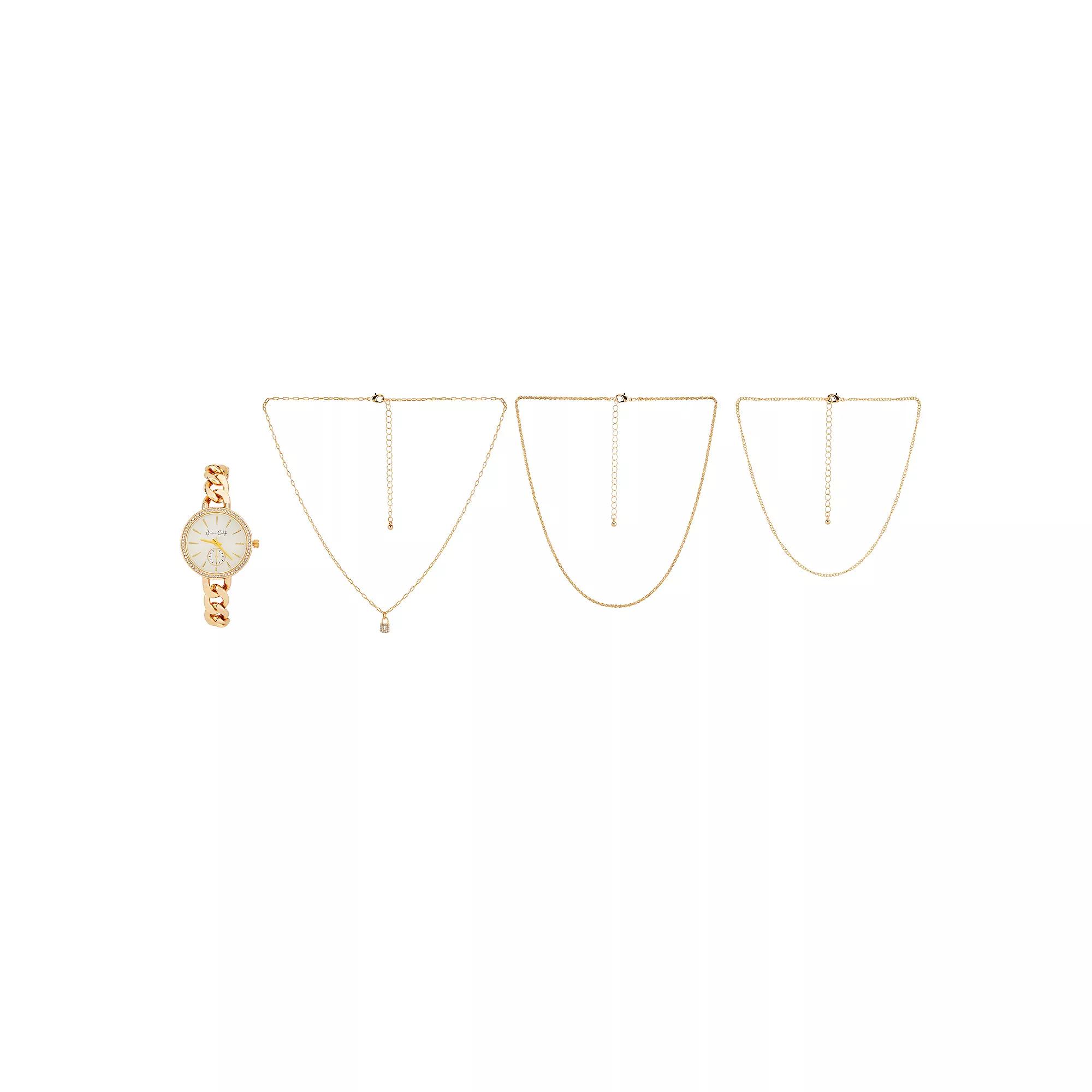 Jessica Carlyle Women's Gold Tone Watch & 3 Necklace Set, Size: 34 mm Product Image