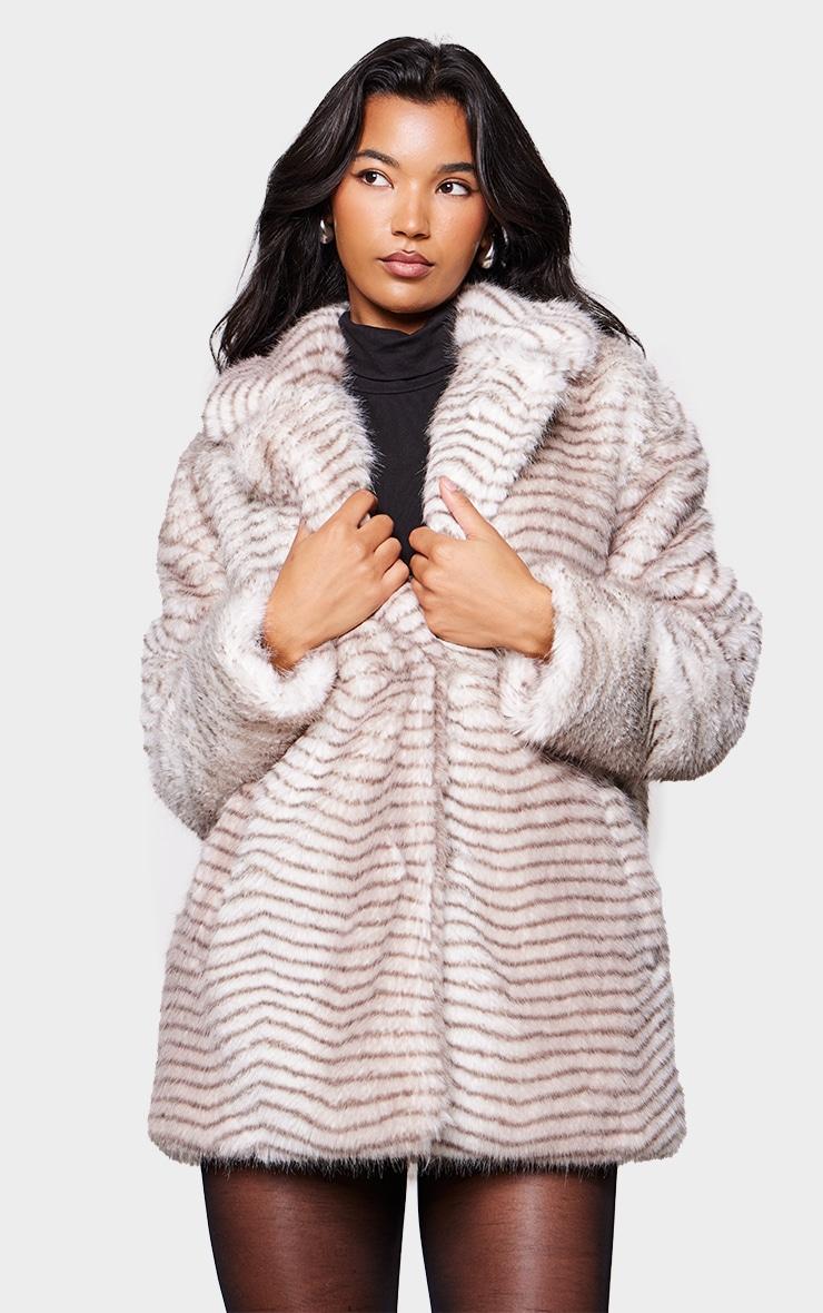 Cream Stripe Faux Fur Collar Detail Coat Product Image