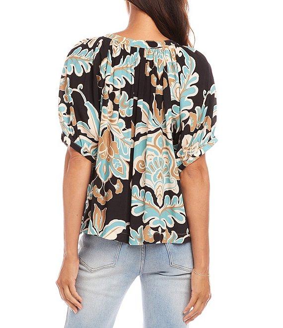 Karen Kane Petite Size Floral Scoop Neck Short Puff Sleeve Button Front Peasant Top Product Image