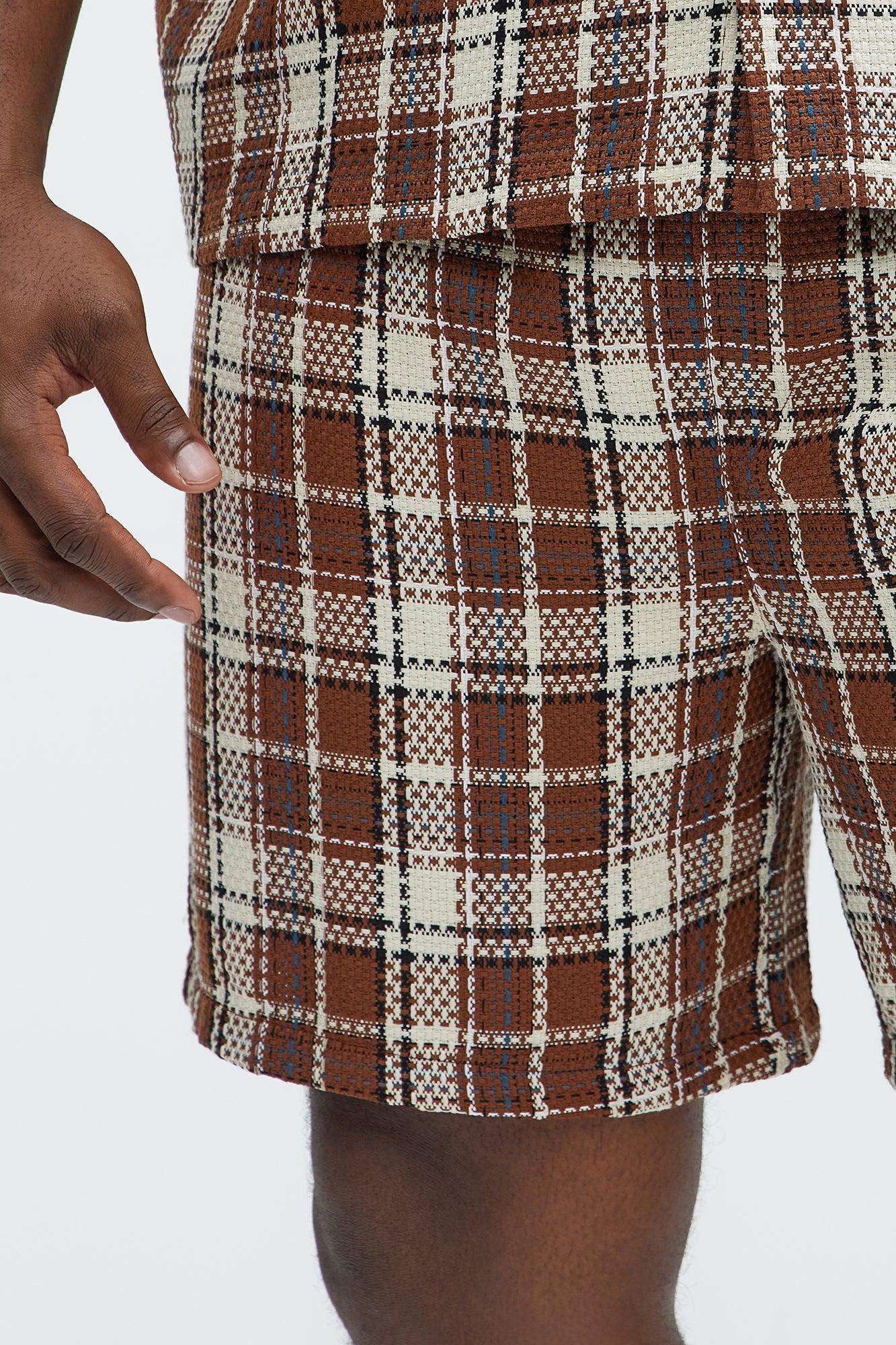 Plaid Basket Weave Volley Shorts - Brown/combo Product Image