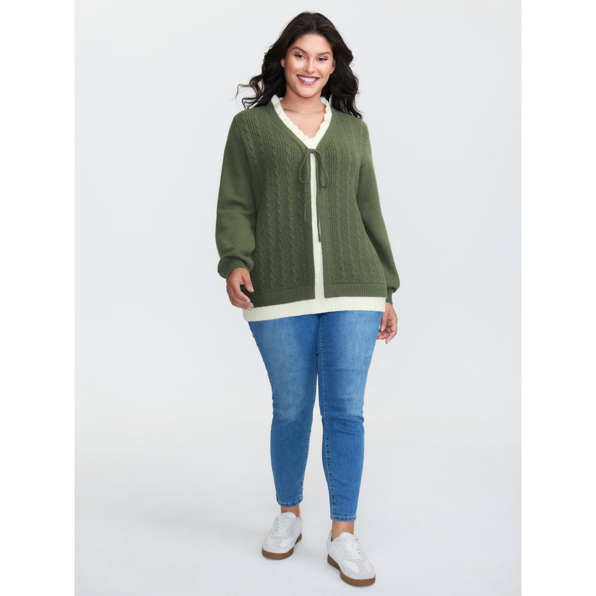 Plus Size 2-in-1 Cableknit Layered Tie Pullover DarkGreen Women Leisure Loose Long Sleeve V-neck Casual Pullovers BloomChic 18-20/2X Product Image