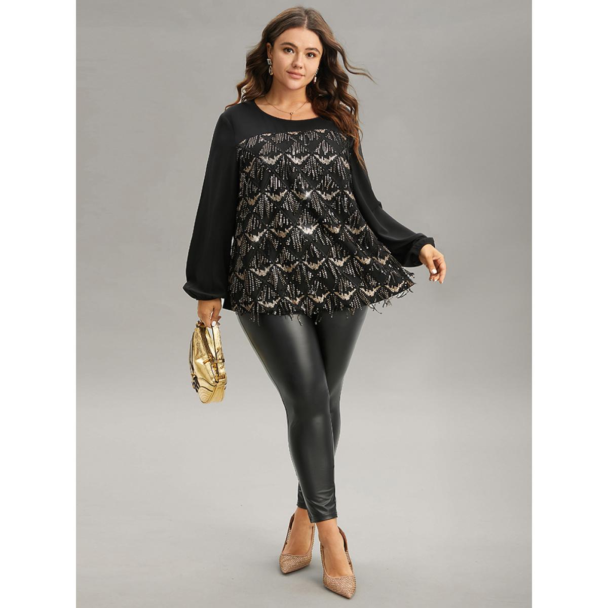Plus Size Black Sequin Tassel Trim Patchwork Lantern Sleeve Blouse Women Glamour Long Sleeve Round Neck Party Blouses BloomChic 22-24/3X Product Image
