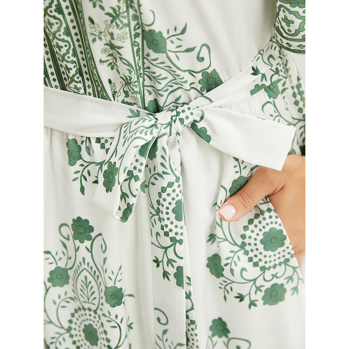Plus Size Bandana Print Ruffle Sleeve Pocket Belted Midi Dress Green Women Vacation Lined V-neck Short sleeve Curvy Midi Dress BloomChic 22-24/3X Product Image