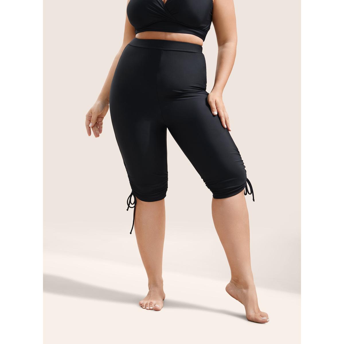 Plus Size Solid High Rise Drawstring Side Swim Bottom Women's Swimwear Black Beach Drawstring High stretch Skinny High Rise Curve Swim Bottoms BloomChic 12/L Product Image
