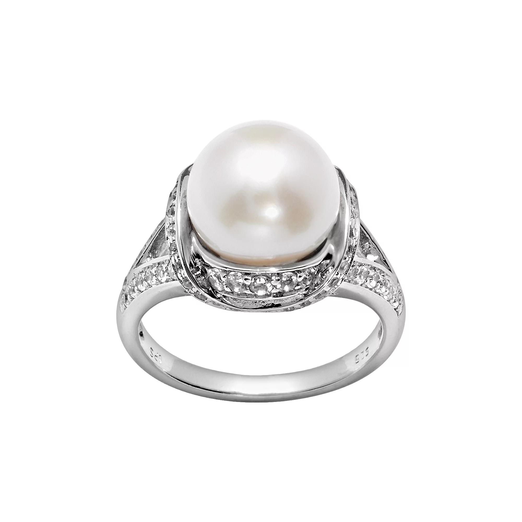 PearLustre by Imperial Sterling Silver Freshwater Cultured Pearl & White Topaz Ring, Womens Product Image