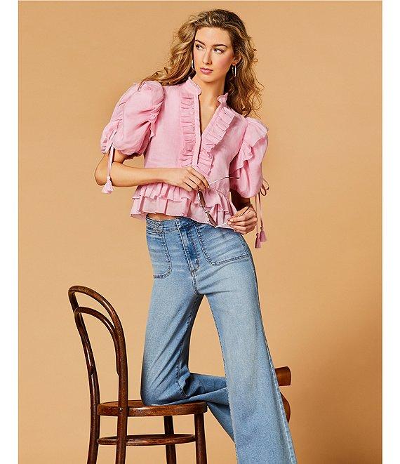 A Loves A Woven Ruffle Split V-Neck Short Bubble Sleeve Cropped Flounce Blouse Product Image