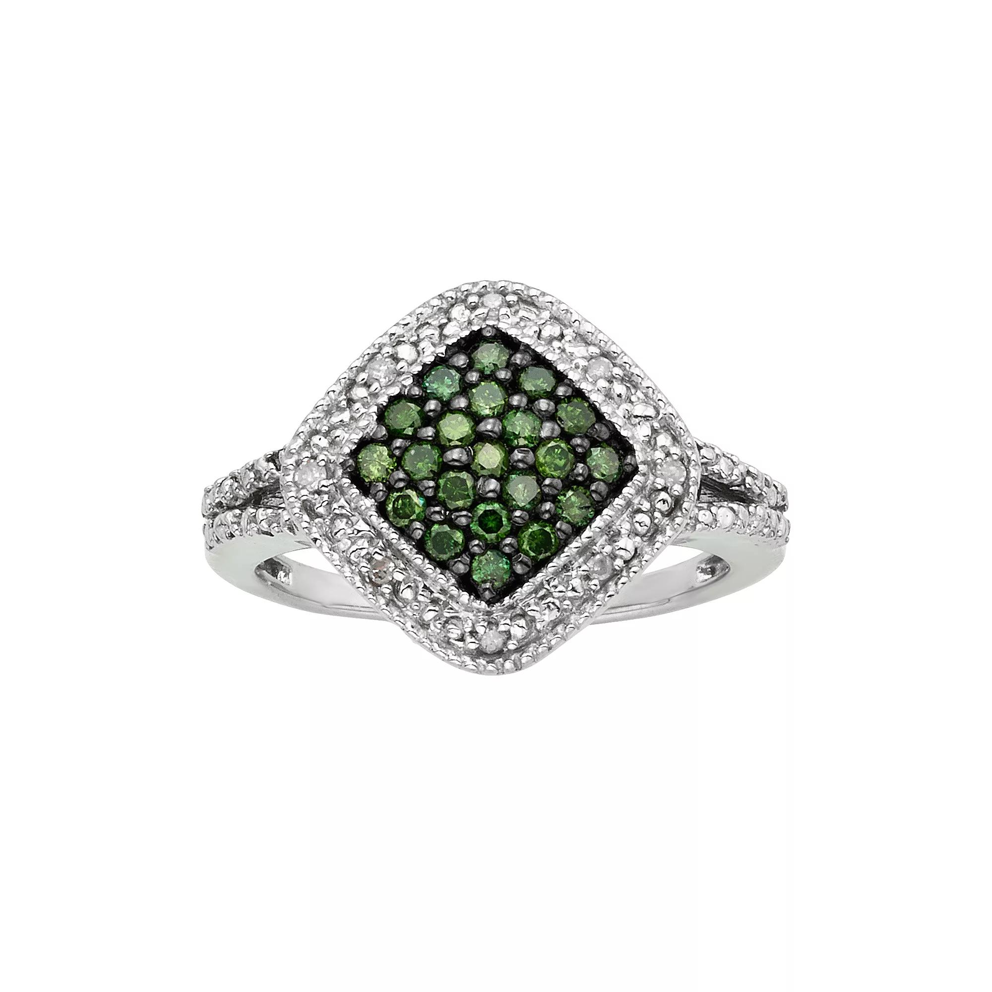 Jewelexcess Sterling Silver 1/3-ct. T.W. Green and White Diamond Square Halo Ring, Women's, Size: 7 Product Image