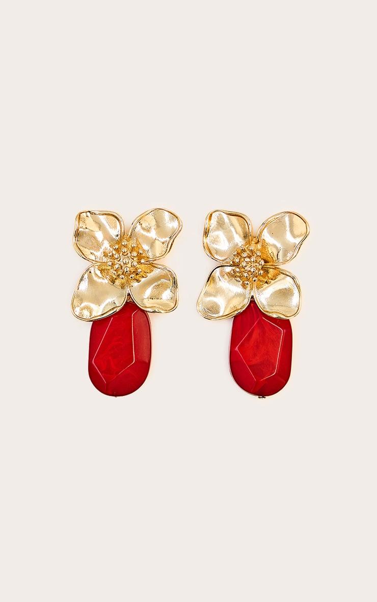 Gold Floral Earrings with Red Crystal Detail Product Image