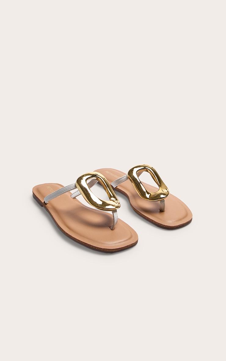 White Pu Square Toe Thong Trim Detail Resin Sole Flat Sandals Product Image