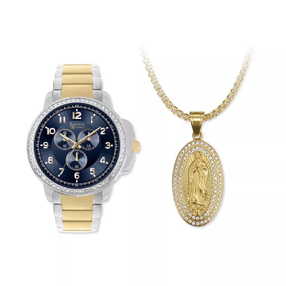 American Exchange men's Two Tone Metal Alloy Watch & "Holy Mary" Pendant Necklace Set, Size: 45MM, Gold Silver Product Image