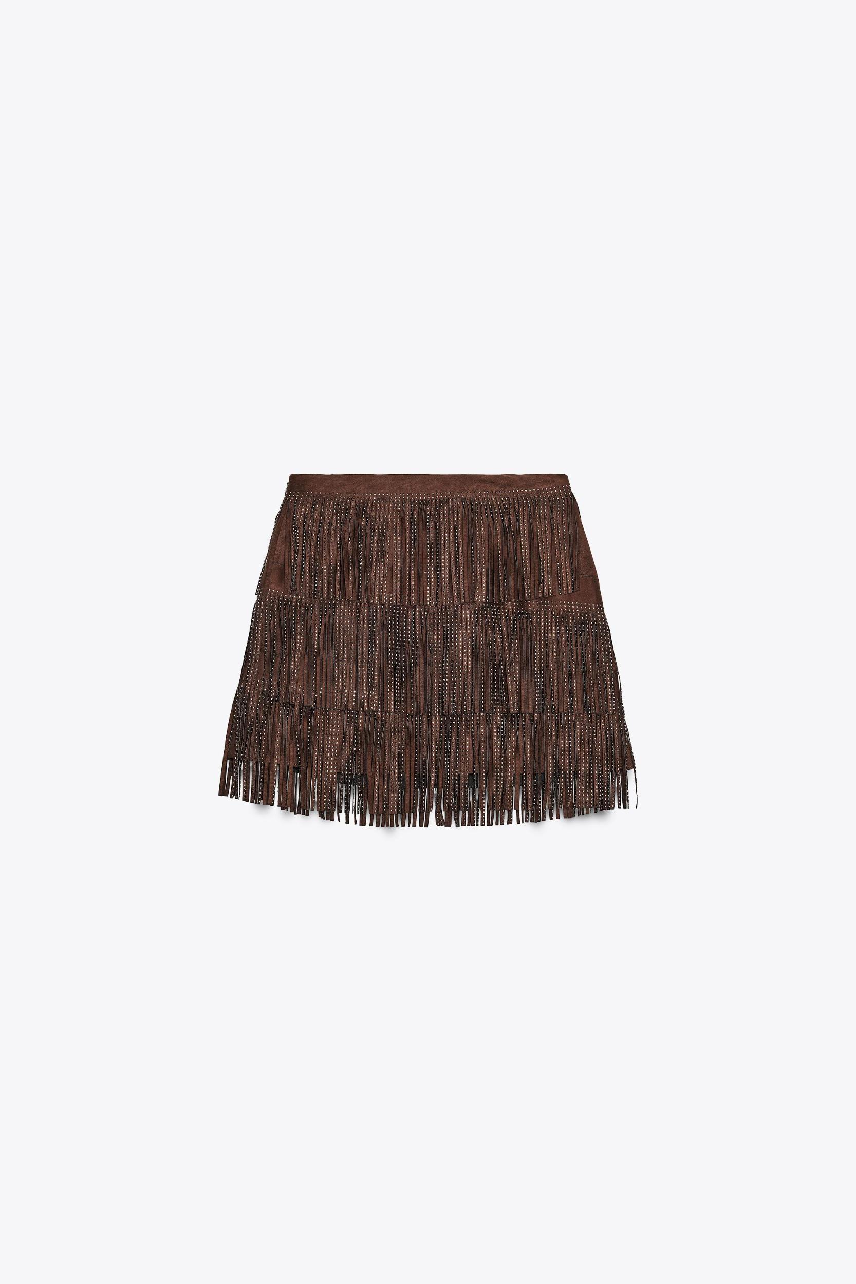 SHIMMERING FAUX SUEDE FRINGE SKIRT Product Image