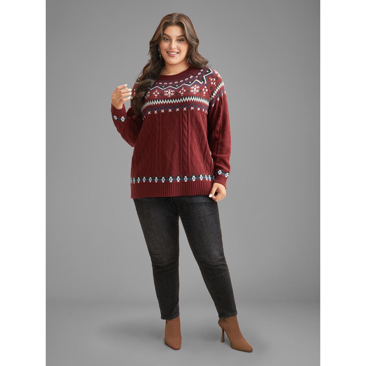 Plus Size Festive Fair Isle Cable Knit Pullover Deepred Women Leisure Loose Long Sleeve Round Neck Casual Pullovers BloomChic 12/L Product Image