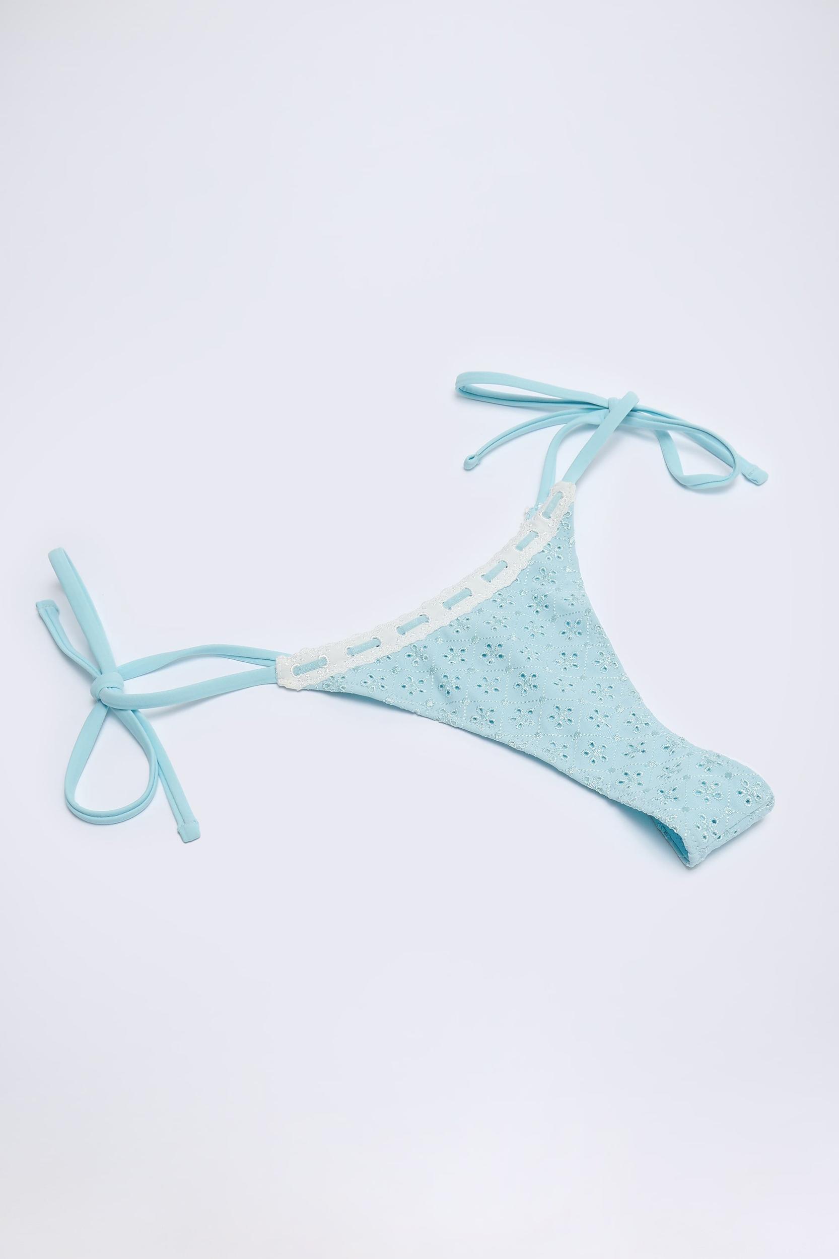 Broderie Anglaise Side-Tie Thong Bikini Bottoms in Powder Blue Product Image