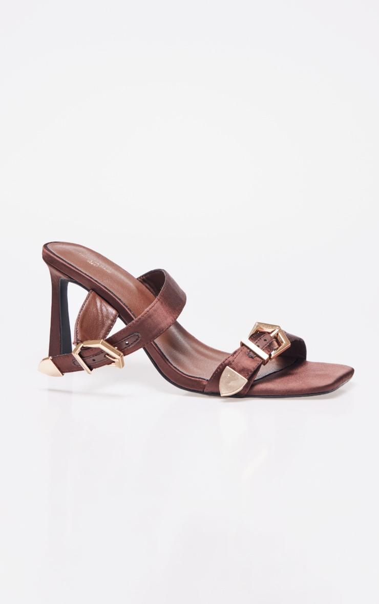 Chocolate Satin Wide Fit Square Toe Buckle Strap High Stiletto Heeled Mules Product Image