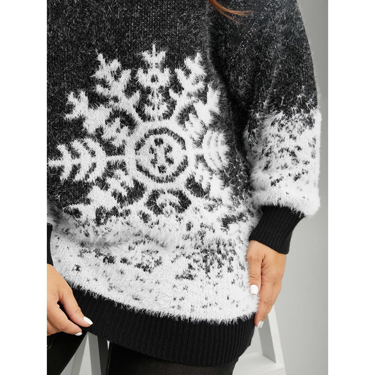 Plus Size Fuzzy Snowflake Elastic Cuffs Pullover Black Women Casual Loose Long Sleeve Round Neck Festival-Halloween Pullovers BloomChic 26/4X Product Image