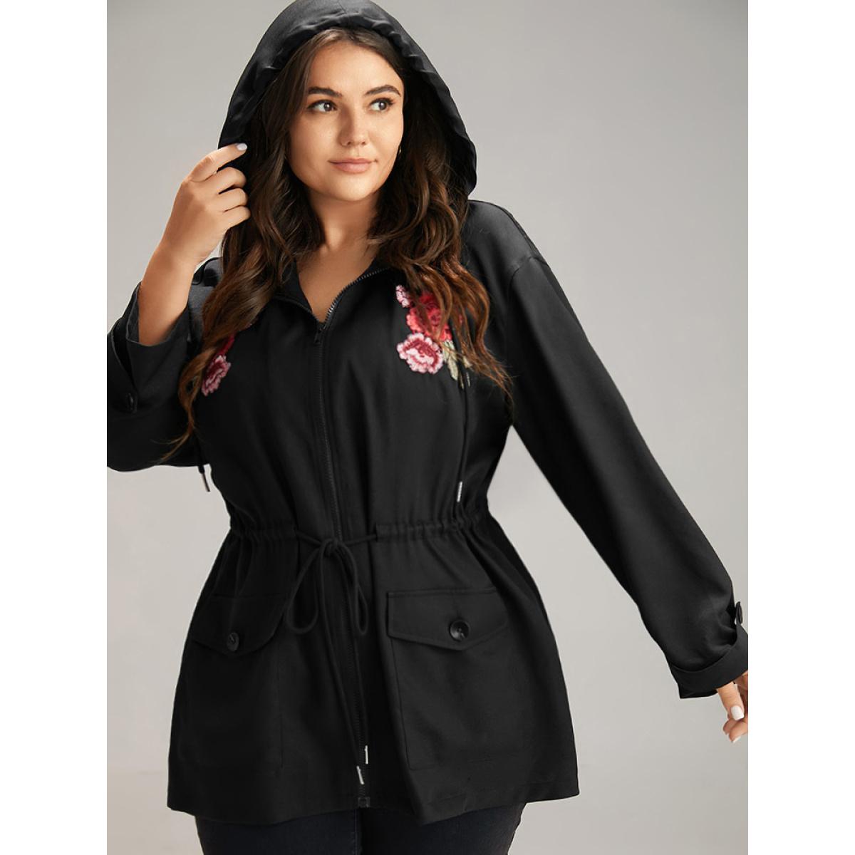 Plus Size Floral Embroidered Elastic Waist Hooded Drawstring Coat Women Black Zipper Pocket Dailywear Jackets BloomChic 12/L Product Image