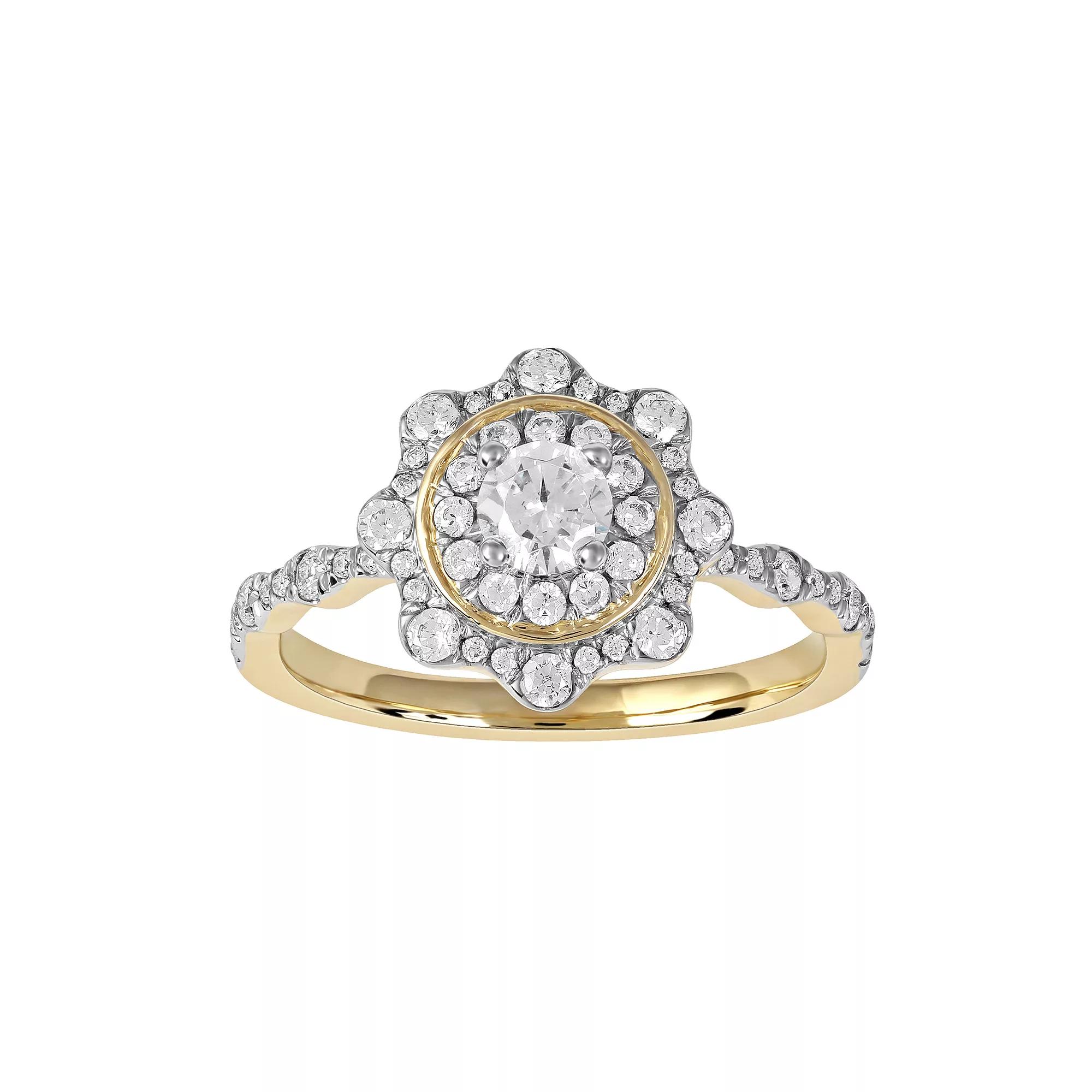 DeCouer 10k Gold 7/8 Carat T.W. Diamond Flower Double Halo Engagement Ring, Women's Product Image