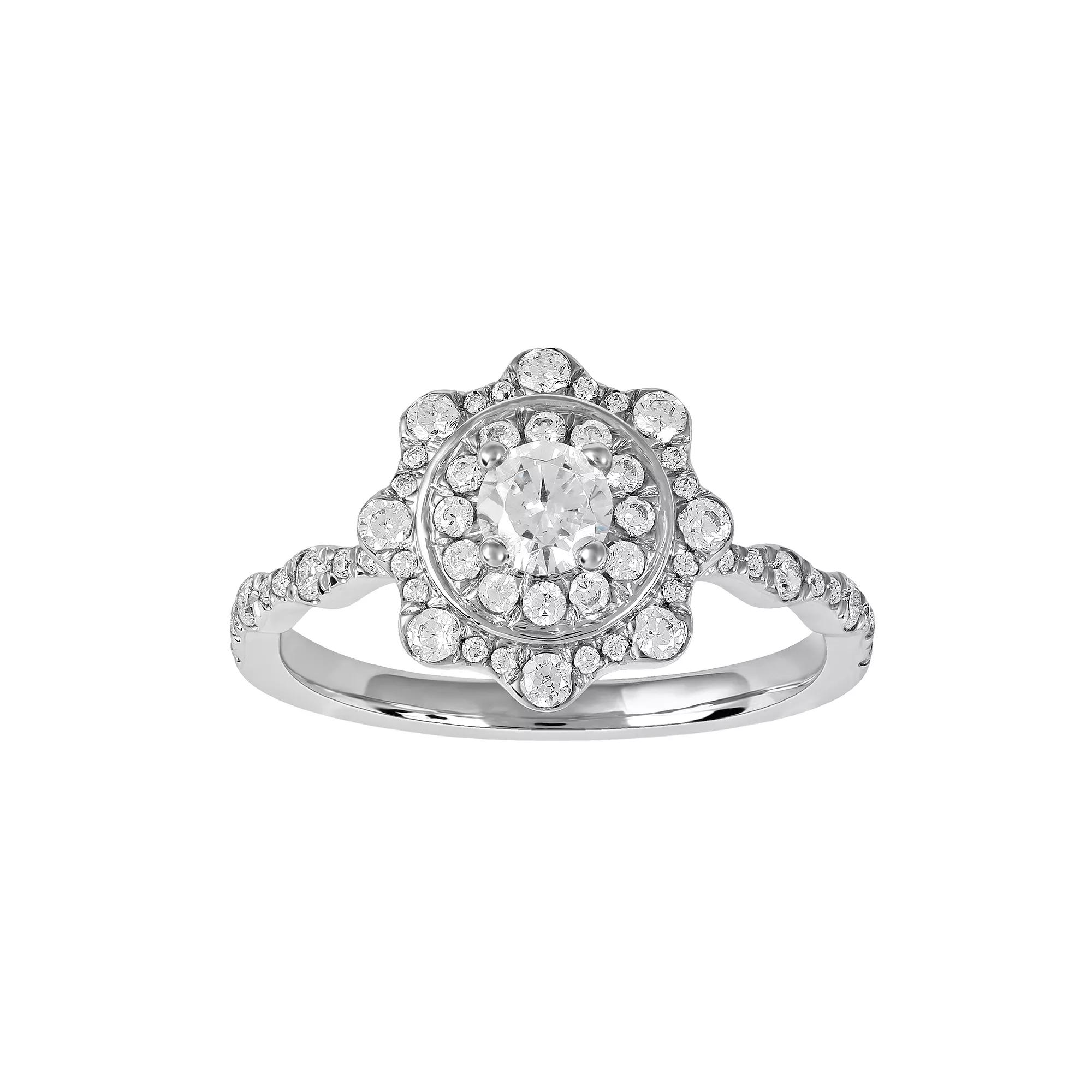 DeCouer 10k Gold 7/8 Carat T.W. Diamond Flower Double Halo Engagement Ring, Women's, 10k White Gold Product Image