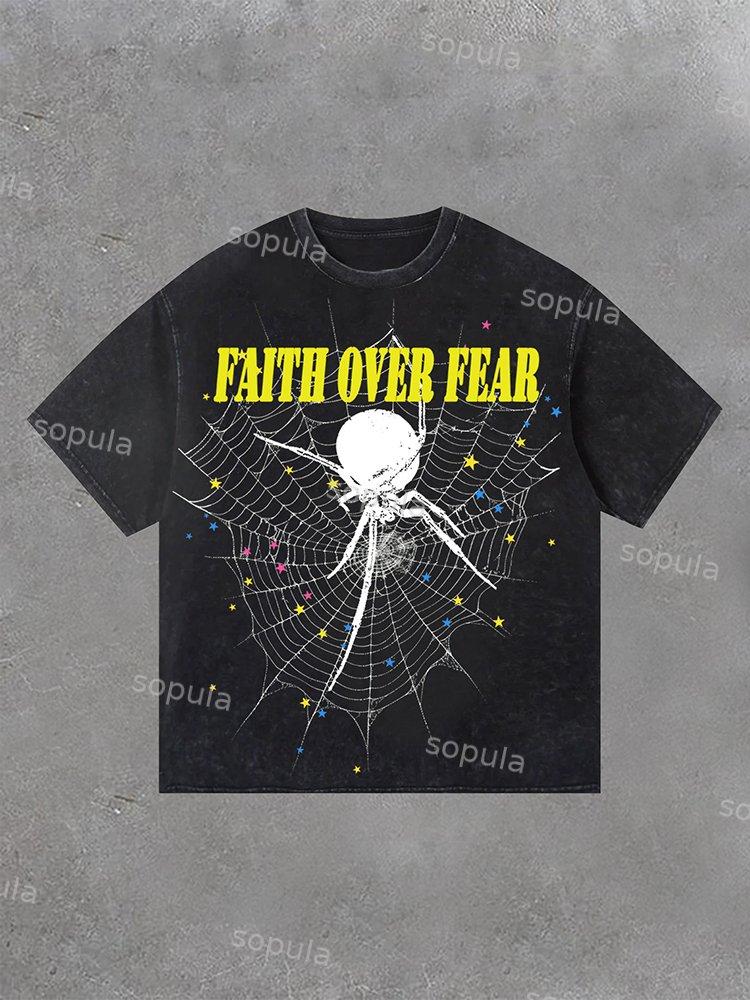 Faith Over Fear & Spider Graphic Washed T-Shirt Product Image