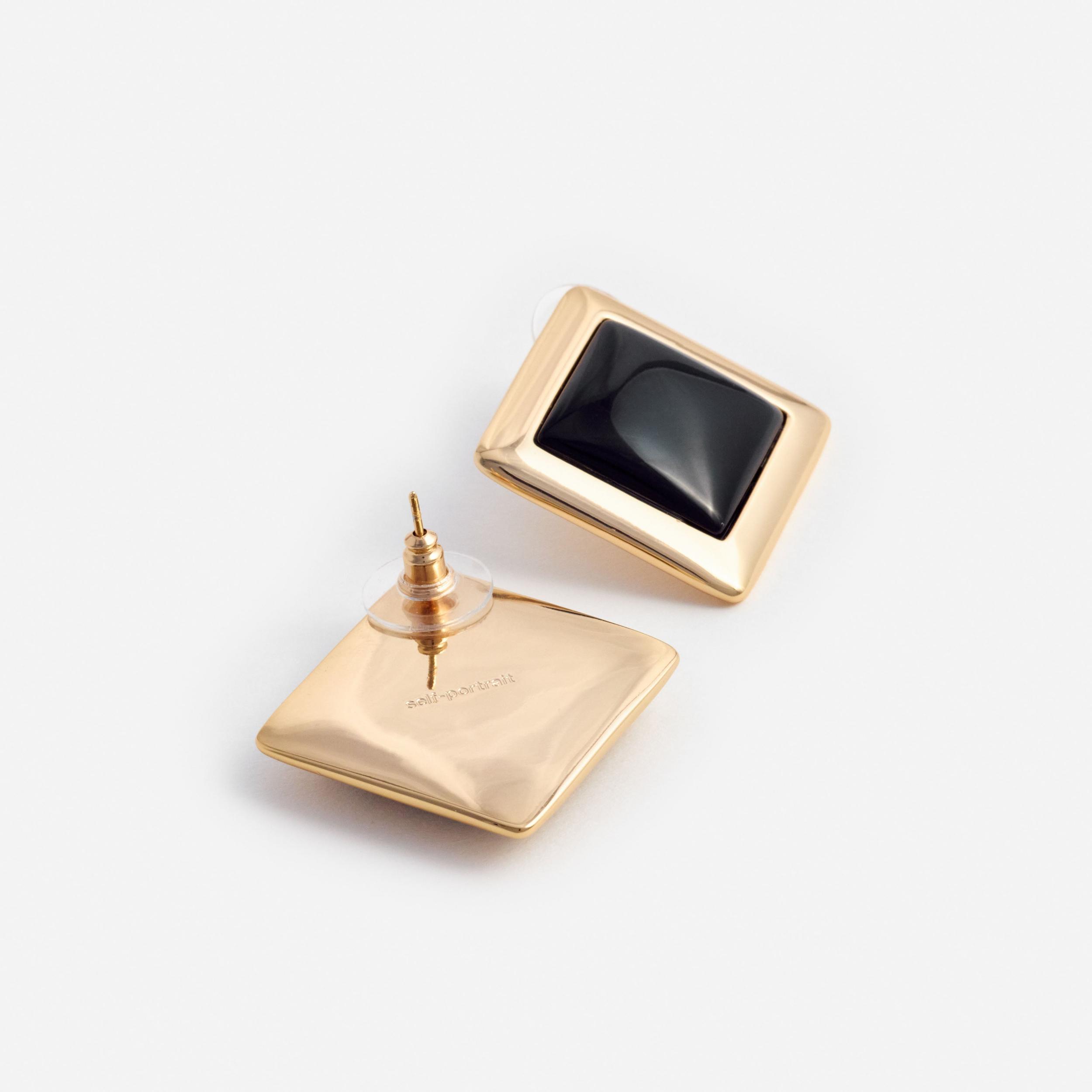 Black Enamel Gold Square Earrings Product Image