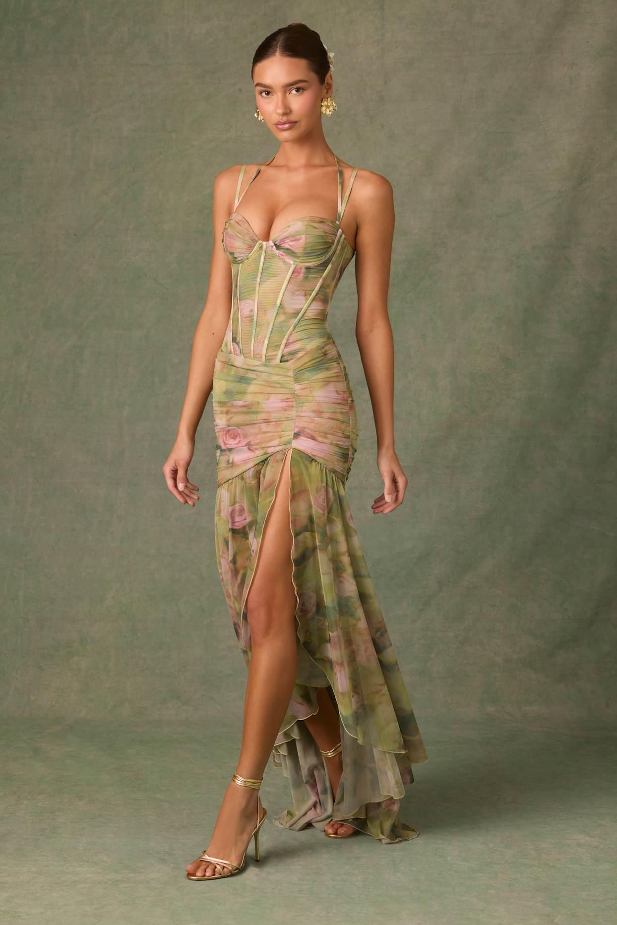 Ruched Asymmetric Corset Gown in Floral Multi Print Product Image