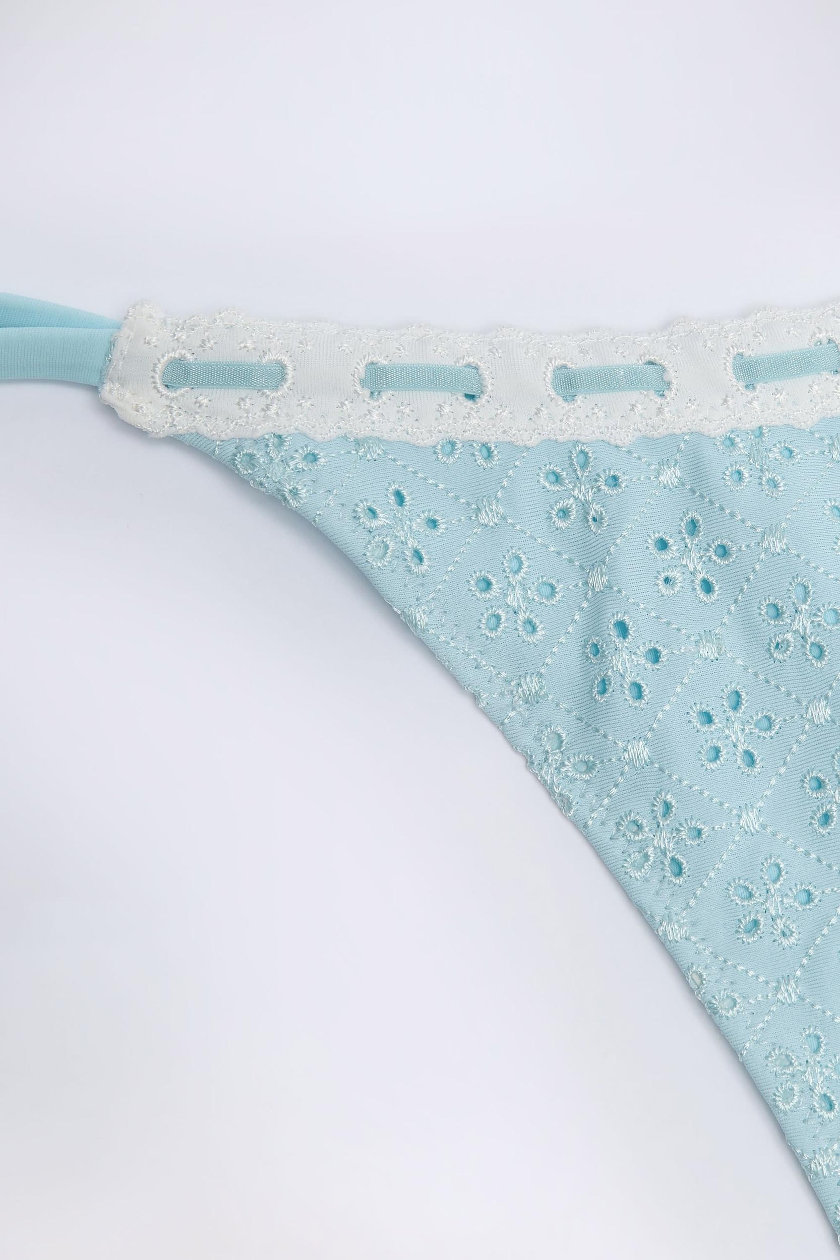 Broderie Anglaise Side-Tie Thong Bikini Bottoms in Powder Blue Product Image