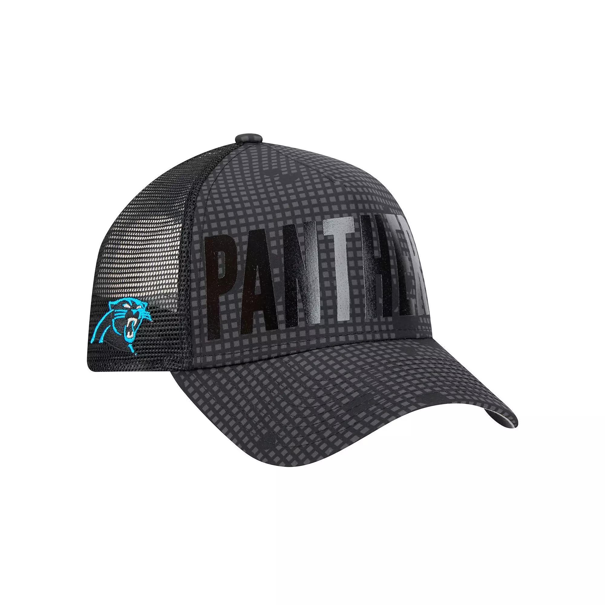 Men's New Era Black Carolina Panthers  Midnight Ink Tonal Text A-Frame Trucker 9FORTY Adjustable Hat Product Image