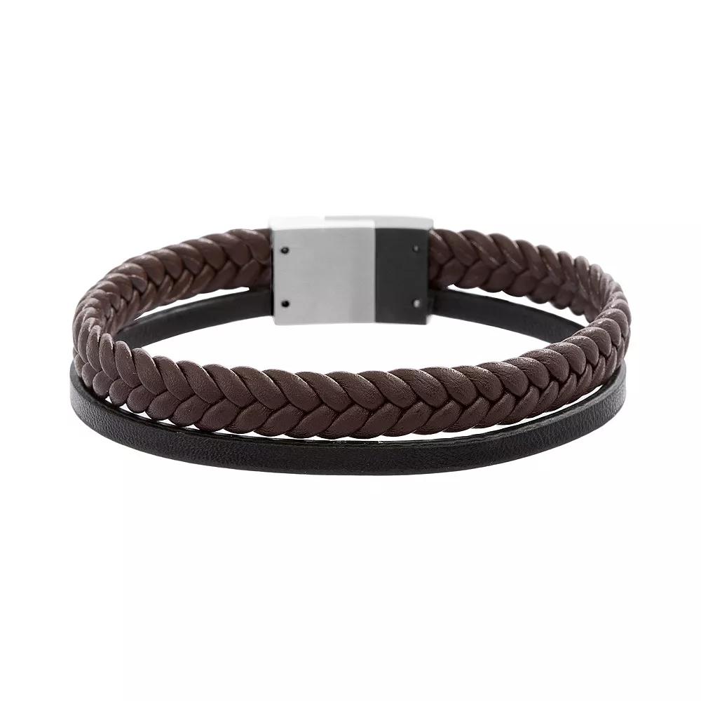1913 Men's Black & Brown Double Strand Genuine Leather Bracelet, Size: 8.5", Stainless Product Image