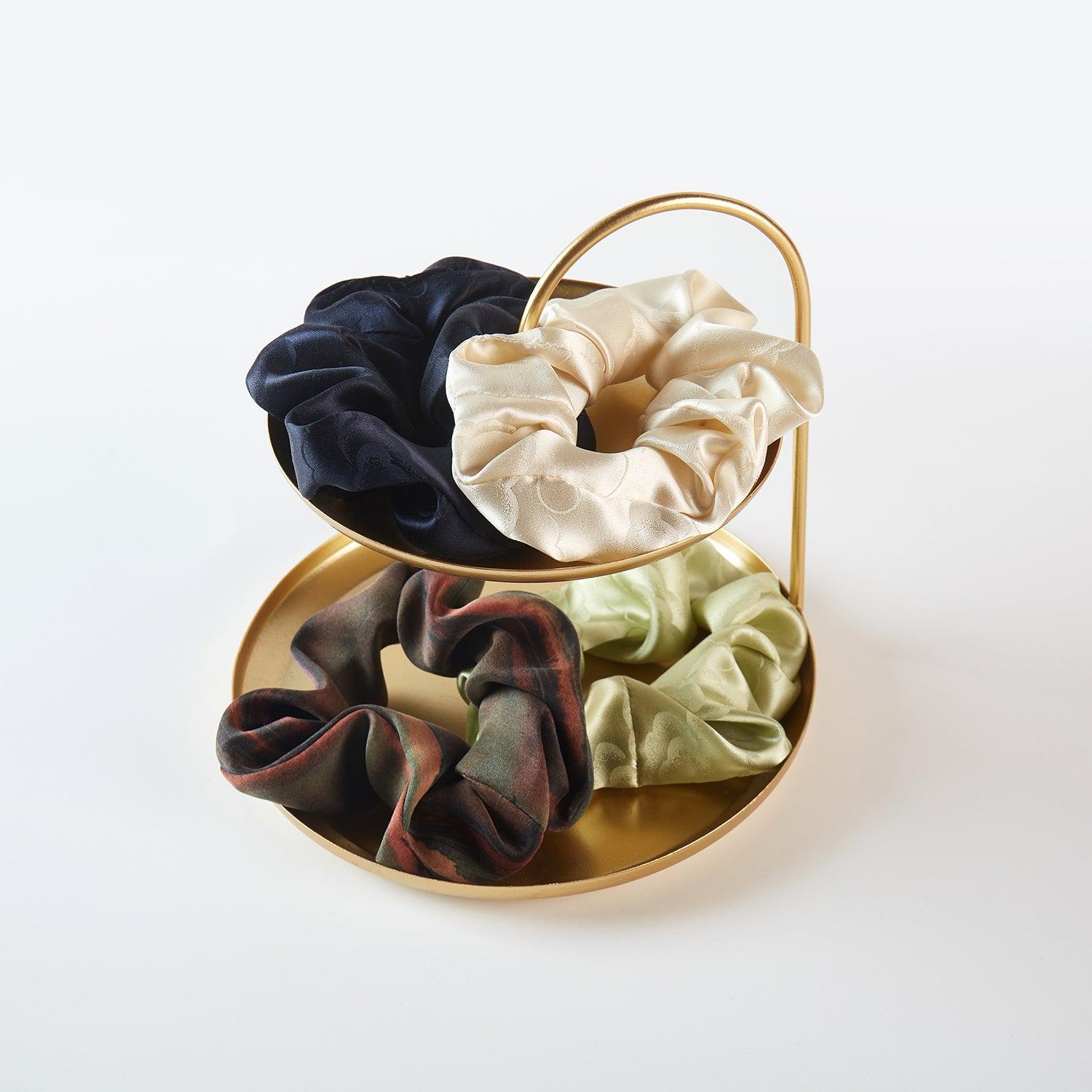 Set of 4 Pure Mulberry Silk French Scrunchie | Clouds and Rivers | Jacquard Silk & Tea Silk | 2 inch | 20 Momme | Brush Collection Product Image