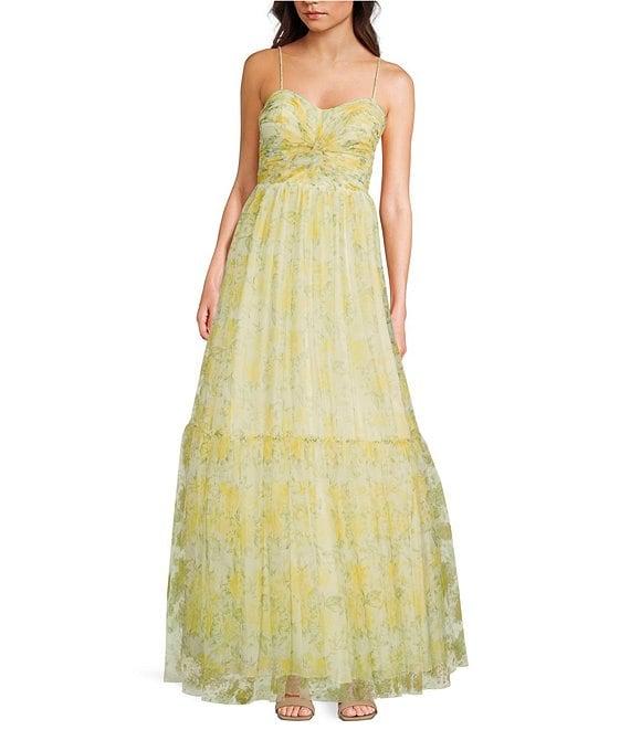 Blondie Nites Floral Print Mesh Sweetheart Neck Twist Front Spaghetti Strap Tie Back A-Line Gown Product Image