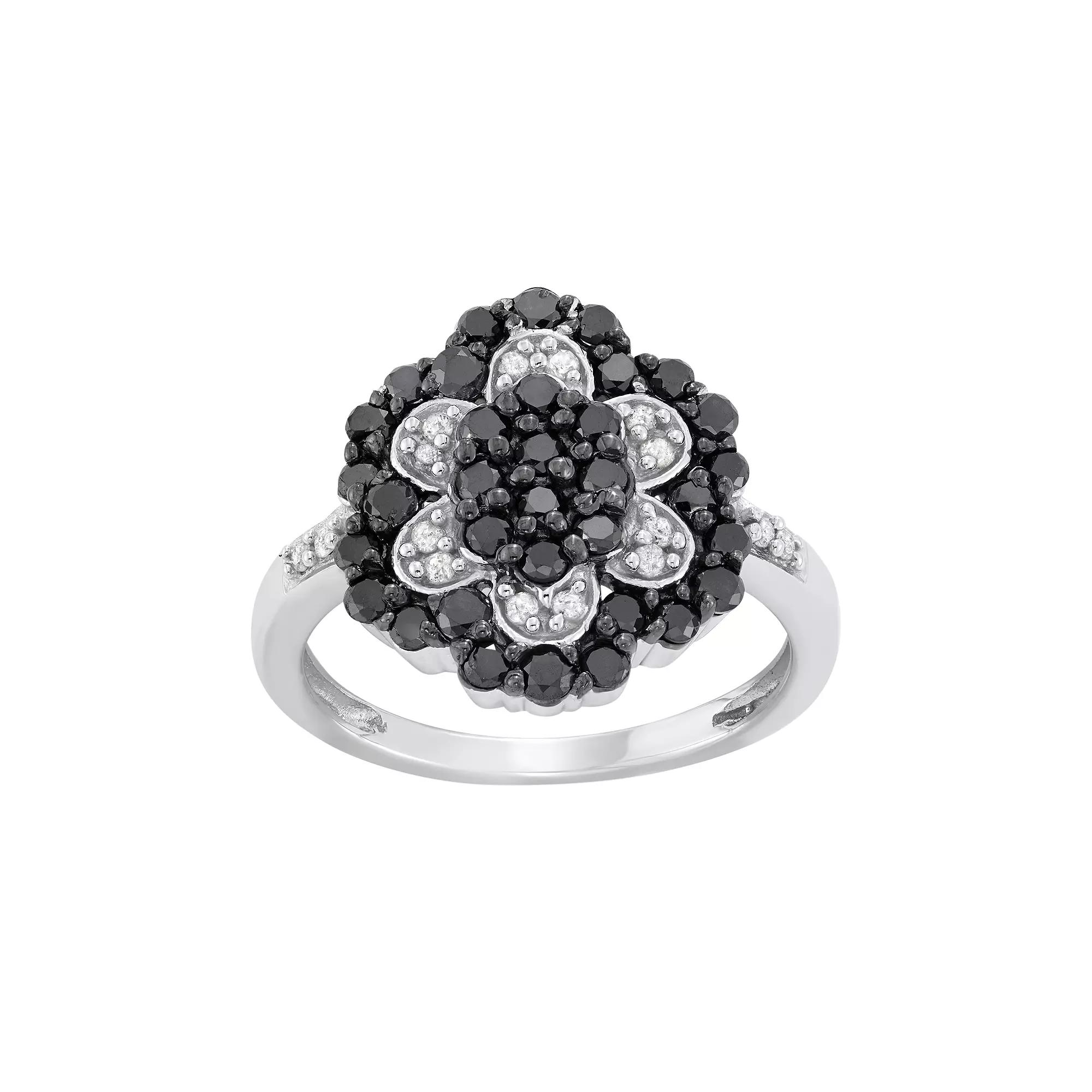 Jewelexcess 1 Carat T.W. Black and White Diamond Sterling Silver Flower Ring, Women's, Size: 6 Product Image