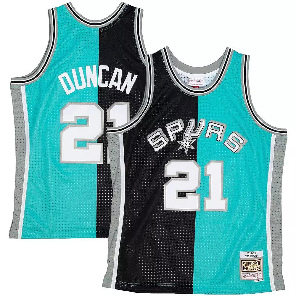 Mens Mitchell & Ness Tim Duncan /Teal San Antonio Spurs Hardwood Classics 1998-99 Split Swingman Jersey Product Image
