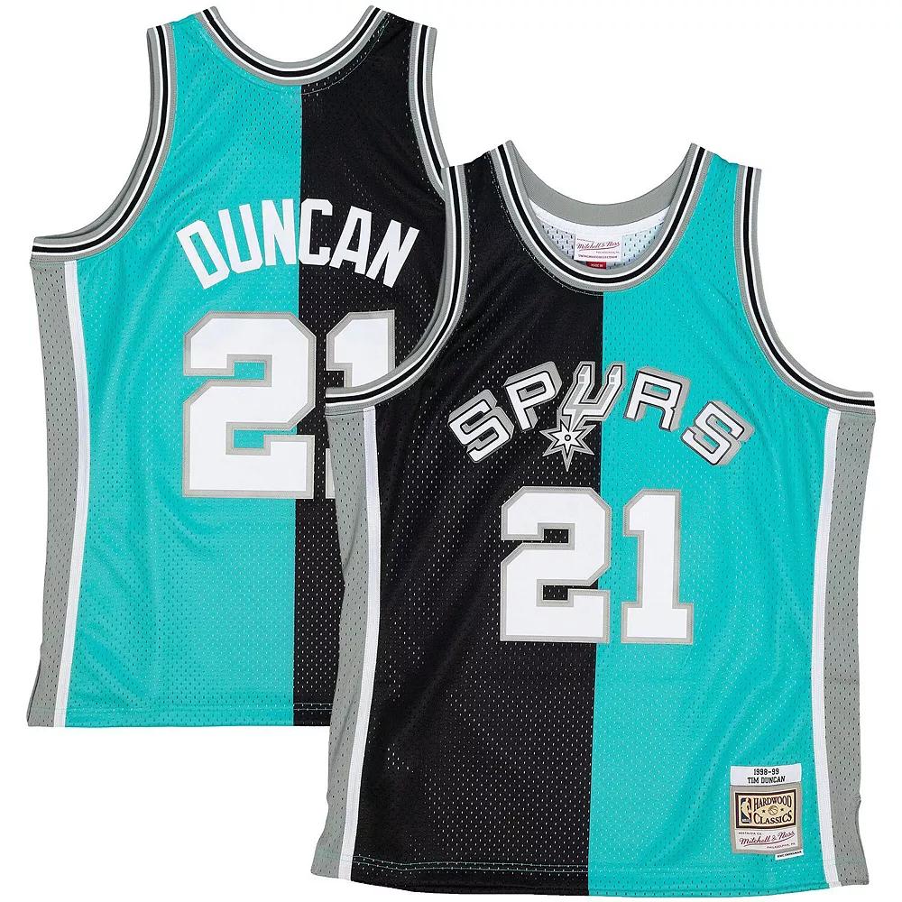 Mens Mitchell & Ness Tim Duncan /Teal San Antonio Spurs Hardwood Classics 1998-99 Split Swingman Jersey Product Image