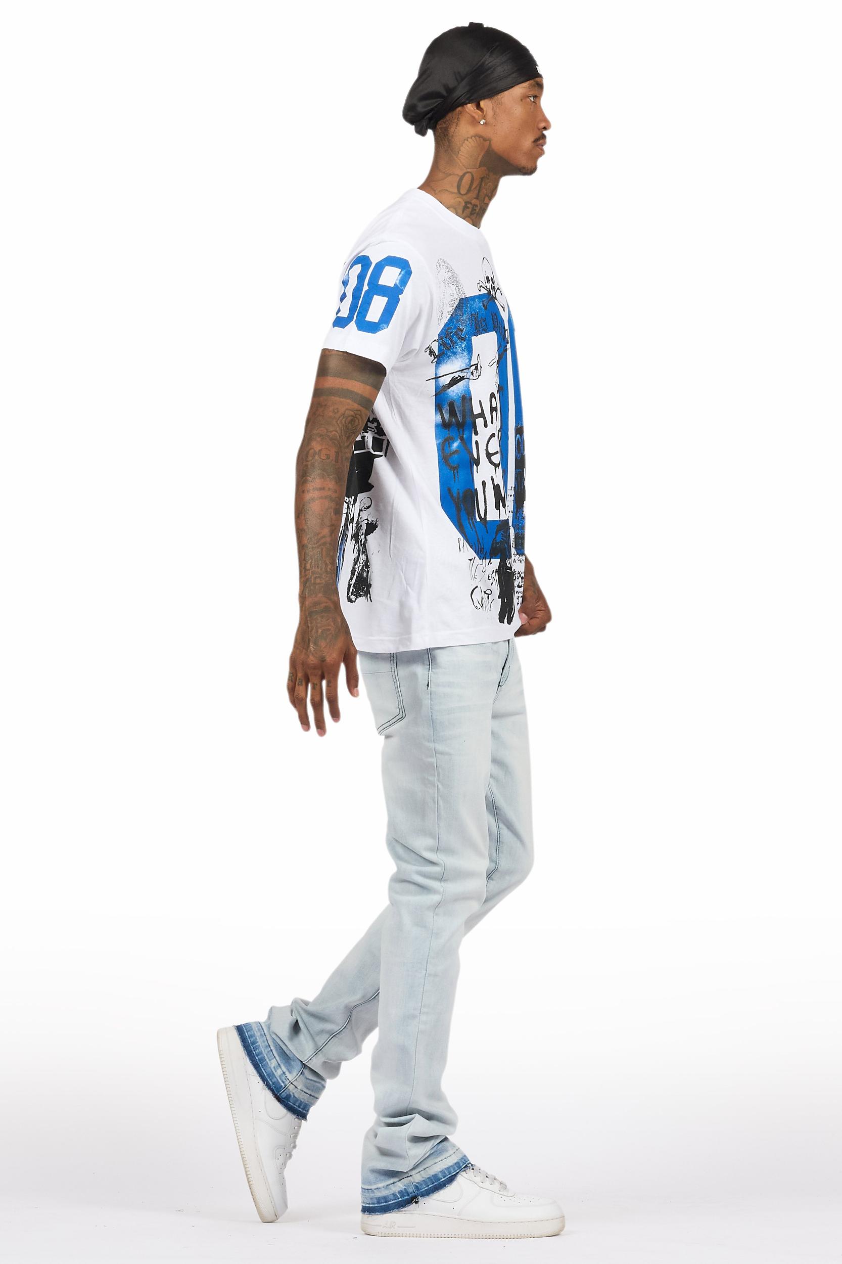 Grill White/Blue Oversized Graphic T-Shirt/Dag Stacked Flare Jean Set Male Product Image