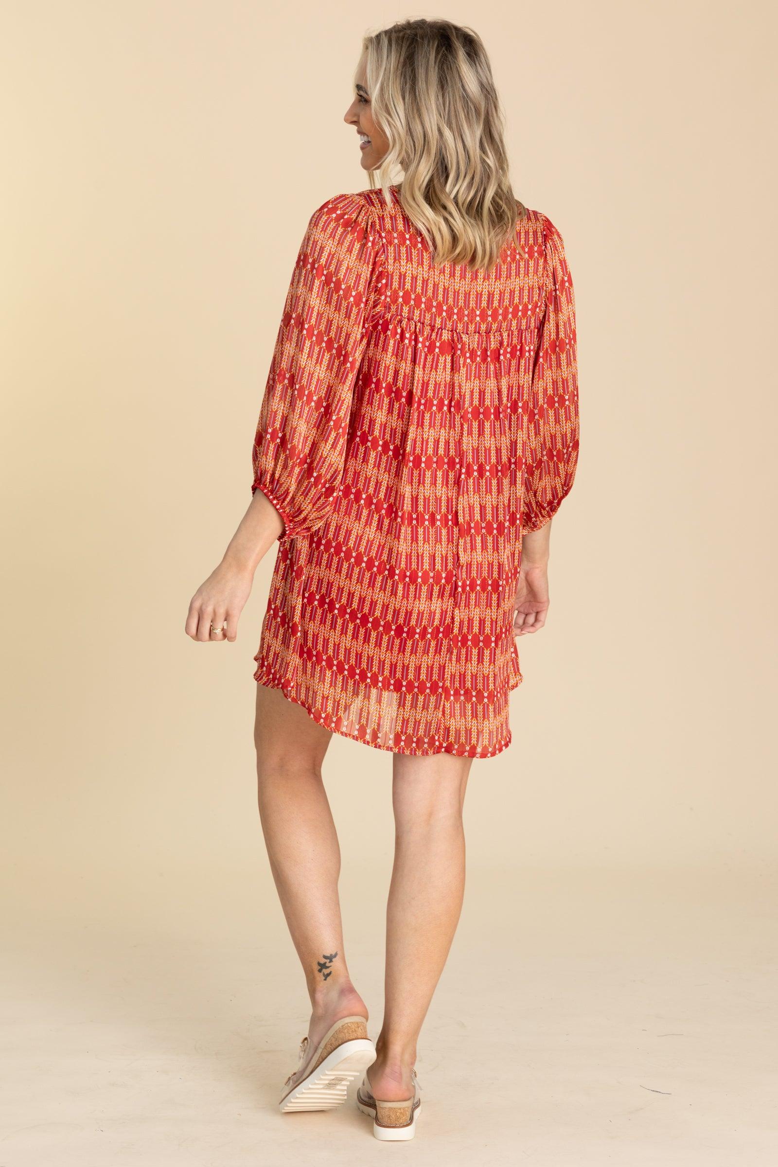 Red and Orange Boho Print Dress Product Image