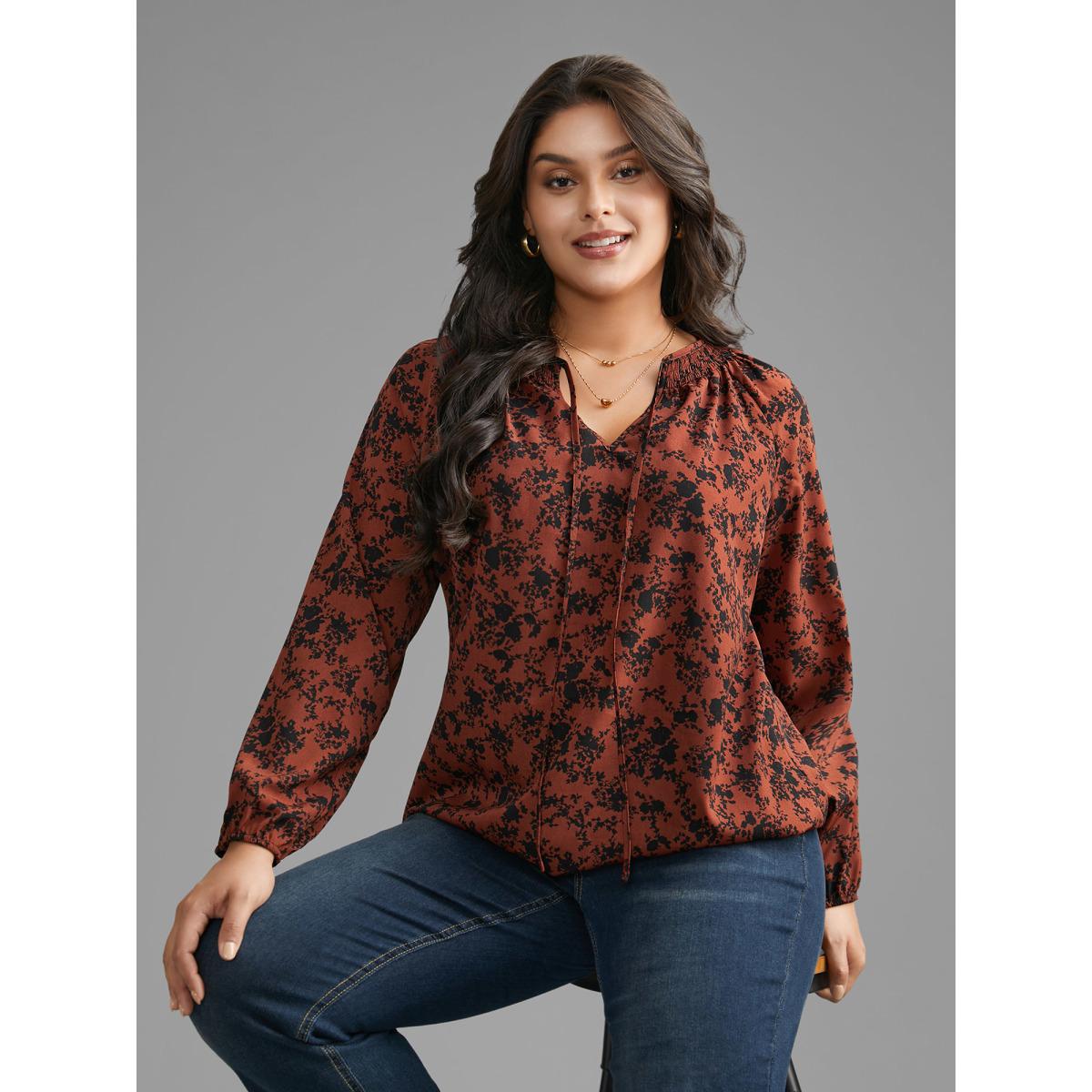 Plus Size Russet Silhouette Floral Print Shirred Gathered Blouse Women Elegant Long Sleeve Wrap collar Everyday Blouses BloomChic 28/5X Product Image