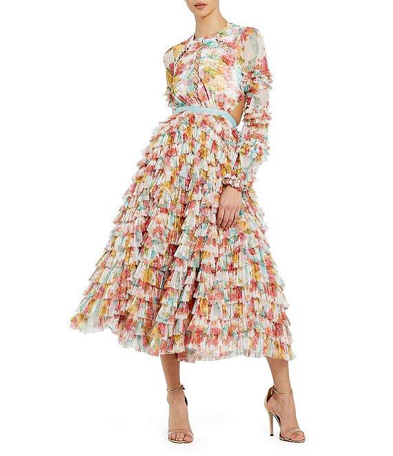 Mac Duggal Round Neck Cut Out Long Sleeve Tiered Ruffle Printed Chiffon Aline Midi Dress Product Image