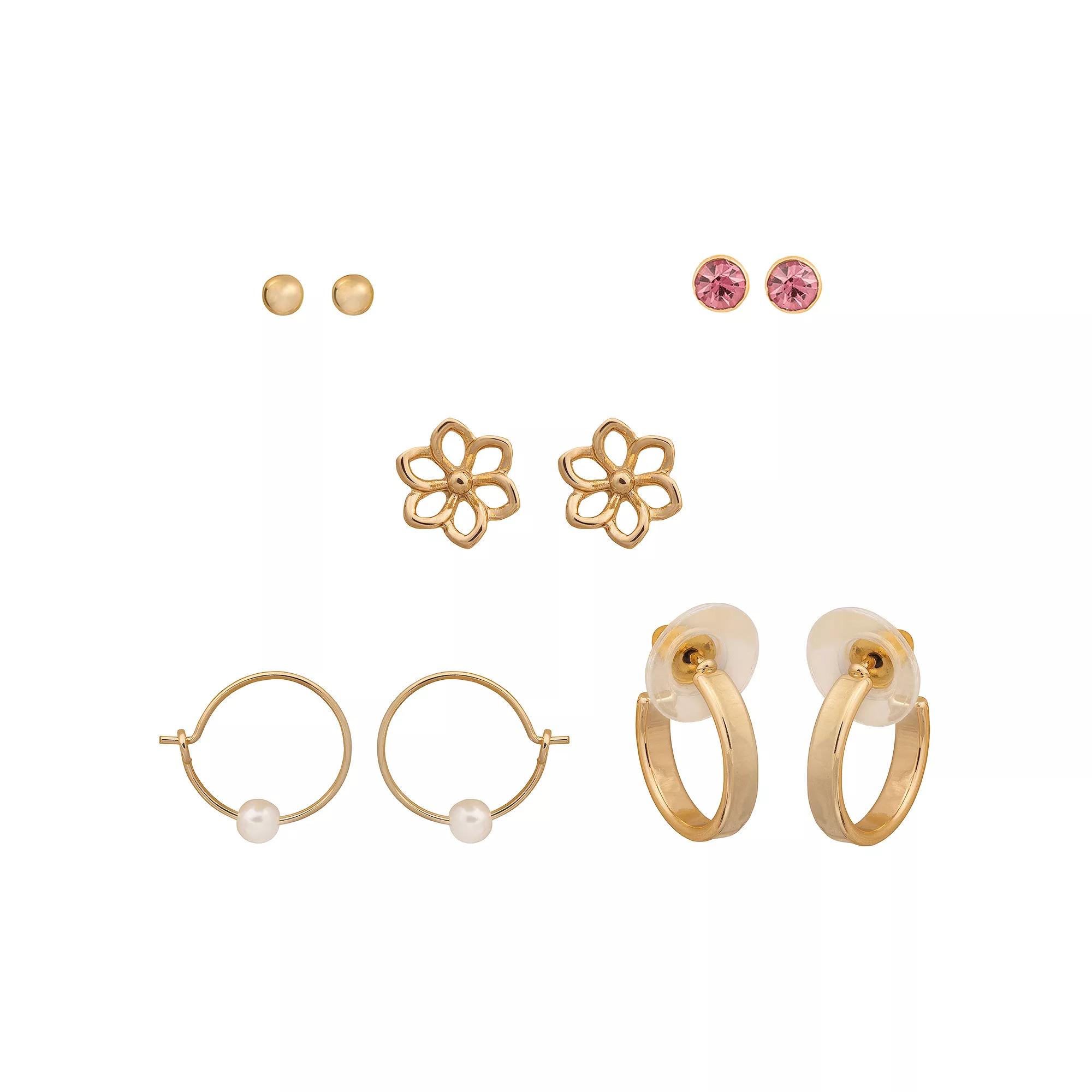 LC Lauren Conrad 5-pair Gold Tone Stud & Hoop Earring Set, Women's, Pink Product Image