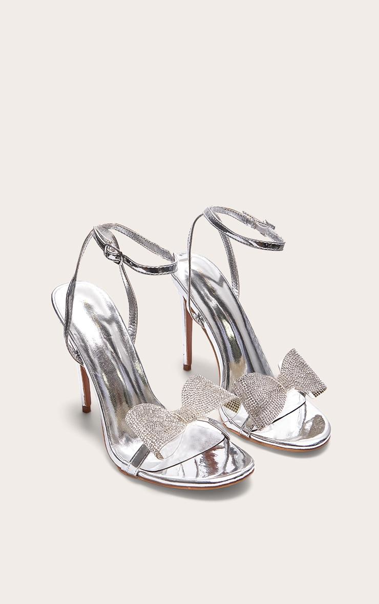 Silver PU Round Toe Diamante Bow Heeled Sandals Product Image
