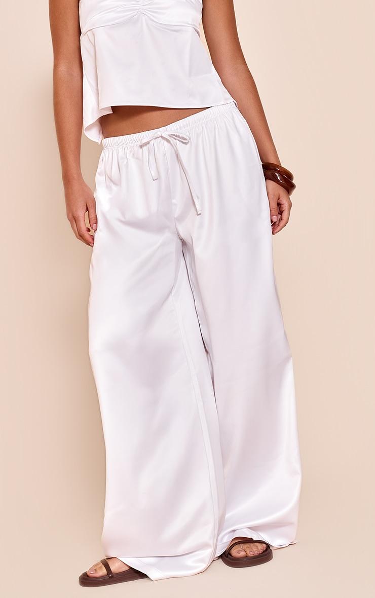  Cream Satin Mid Rise Drawstring Wide Leg Pants Product Image