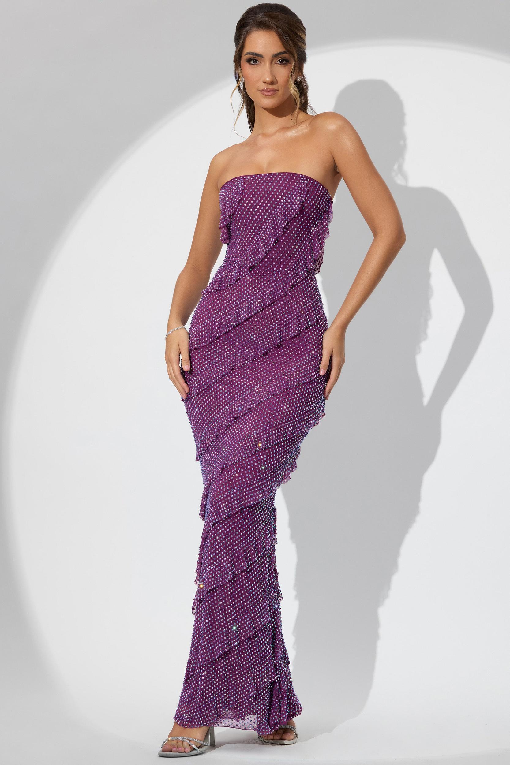 Embellished Strapless Ruffle Maxi Dress in Plum Product Image