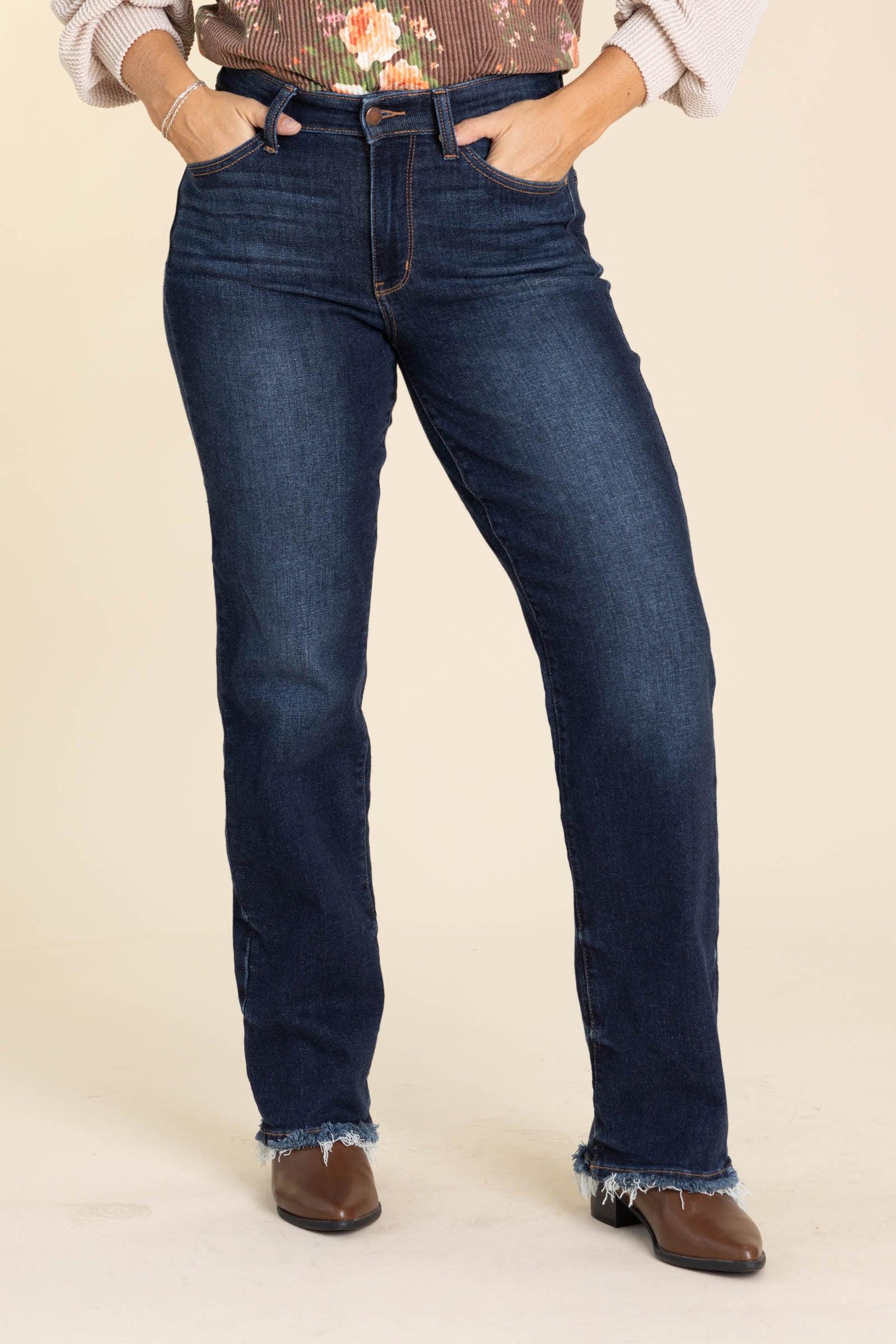 Judy Blue Dark Straight Leg Fray Hem Jeans Product Image