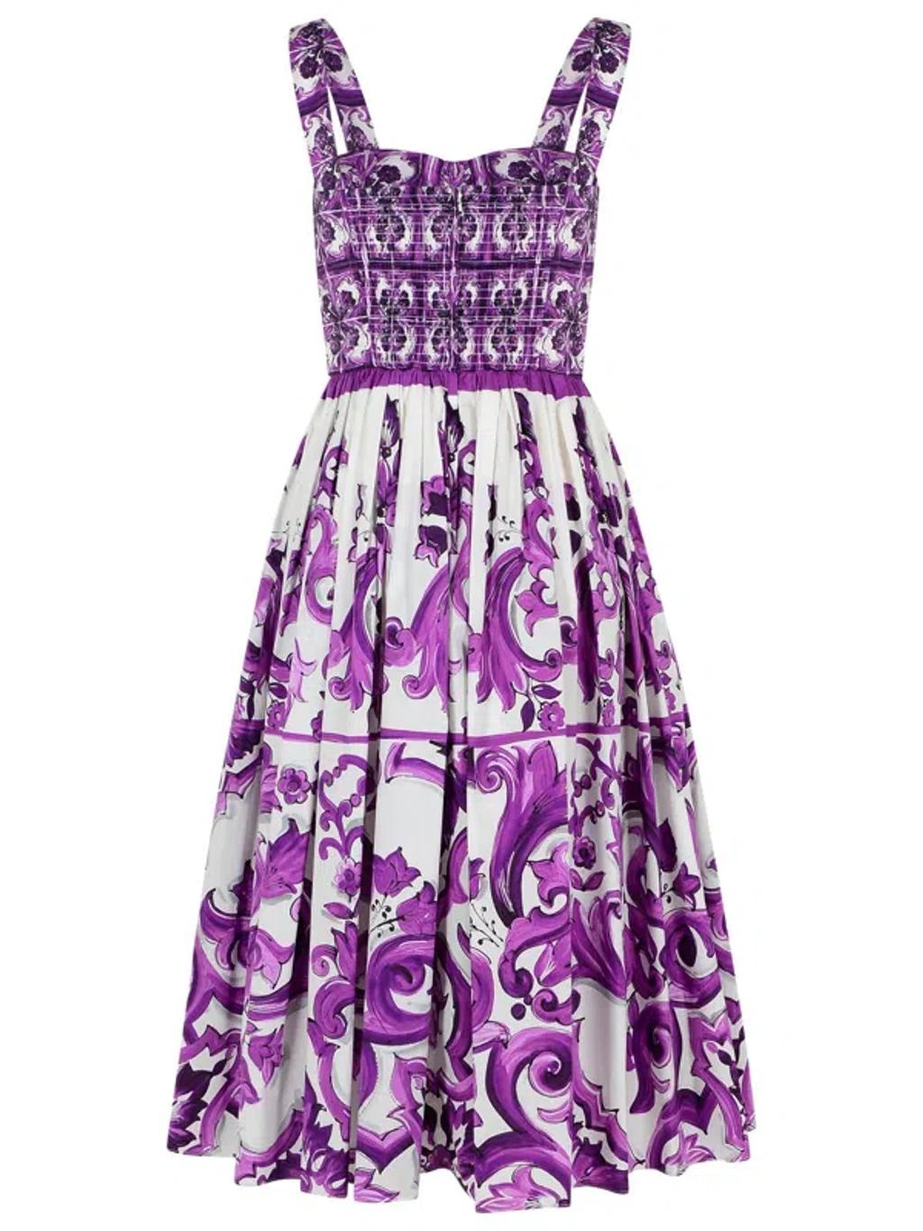DOLCE & GABBANA Women Cotton Midi Dress With Maiolica Print In Purple Product Image