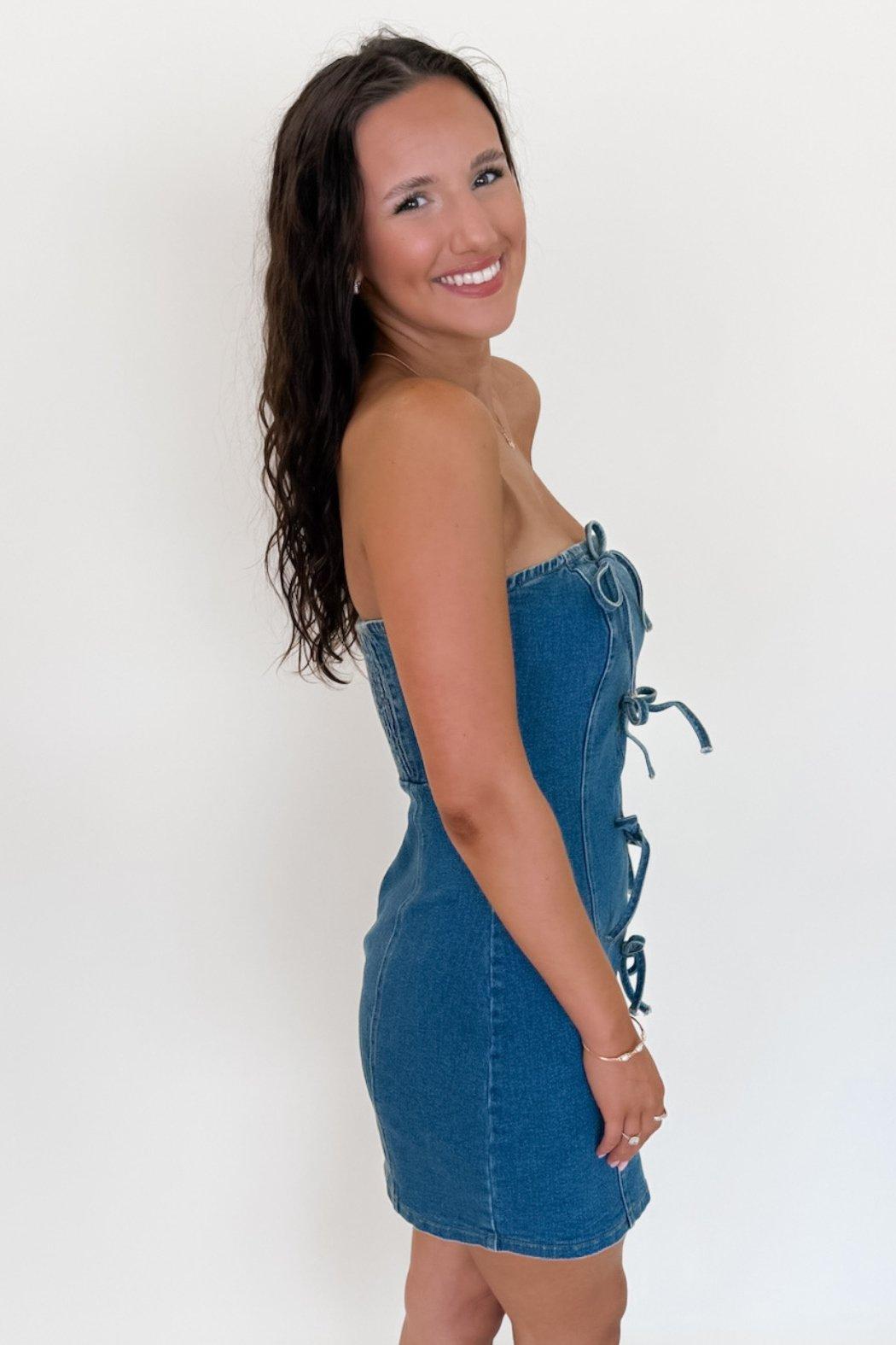 Strapless Denim Bow Dress Product Image
