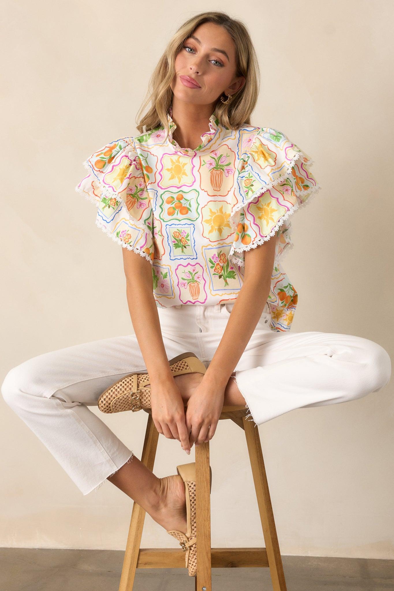 Prosperina Blair Multi Print Cotton Ruffle Top Product Image
