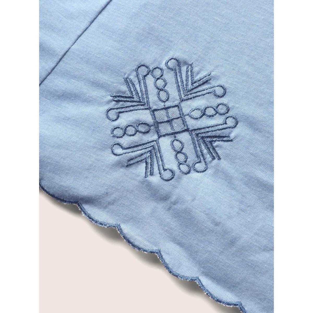 Plus Size Bandana Floral Embroidered Ruffle Sleeve T-shirt LightBlue Women Resort Embroidered Heart neckline Vacation T-shirts BloomChic 22-24/3X Product Image